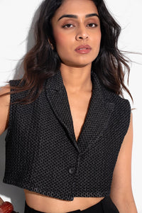 Textured Denim Cropped Waistcoat