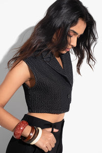 Textured Denim Cropped Waistcoat