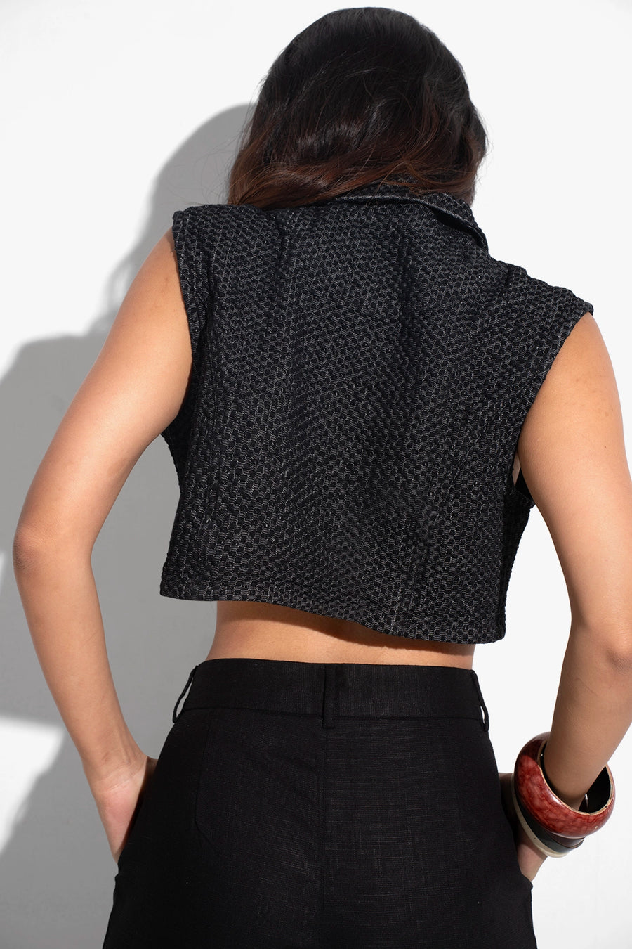 Textured Denim Cropped Waistcoat