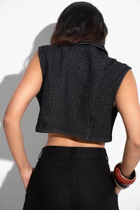 Textured Denim Cropped Waistcoat