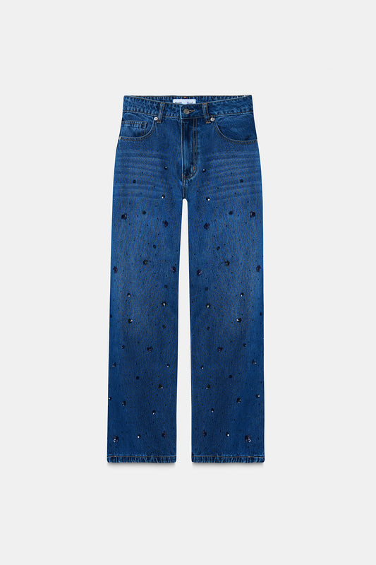 Sequin-Embroidered Crop Leg Jeans