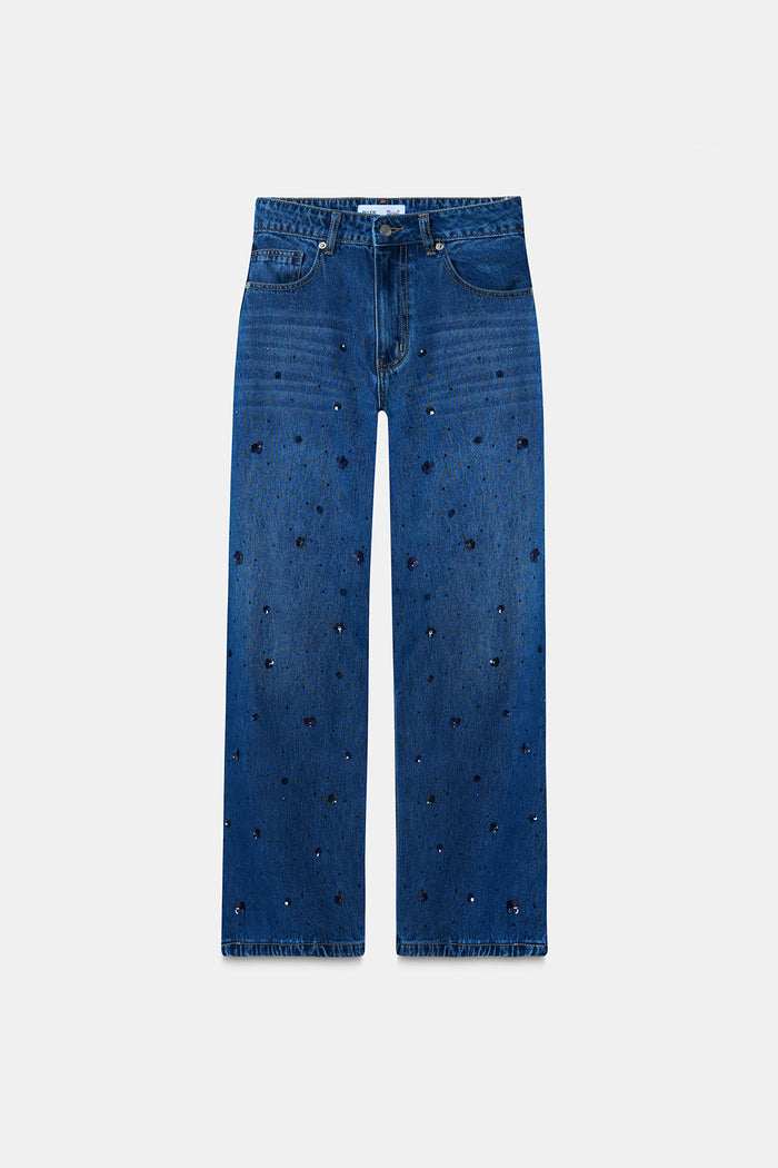 Sequin-Embroidered Crop Leg Jeans