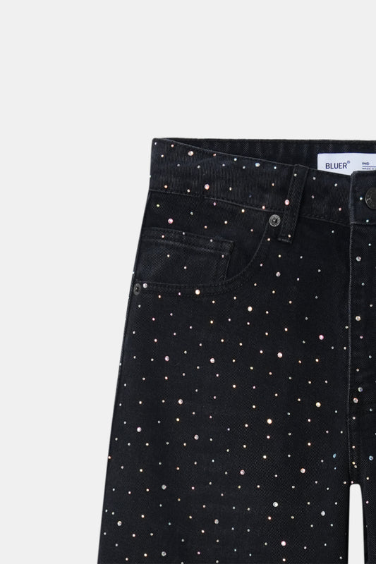 Studded High Rise Straight Jeans - Black