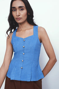 Tailored Peplum Tweed Top – Blue