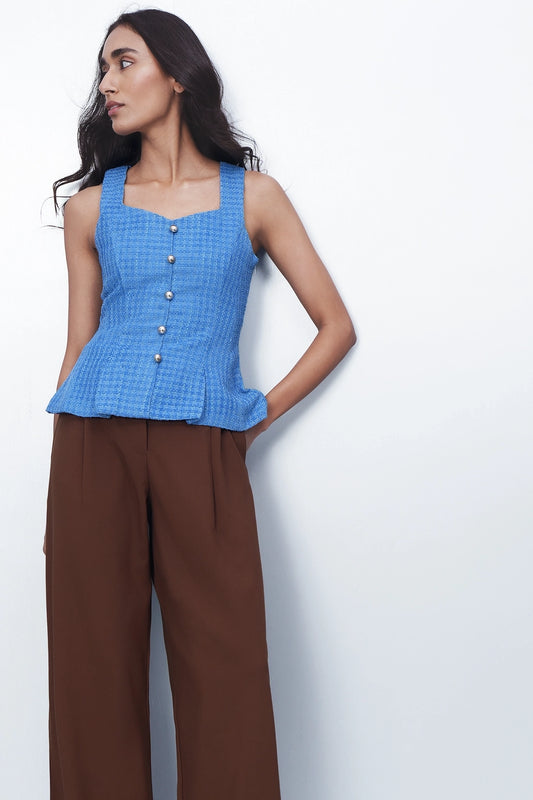 Tailored Peplum Tweed Top – Blue