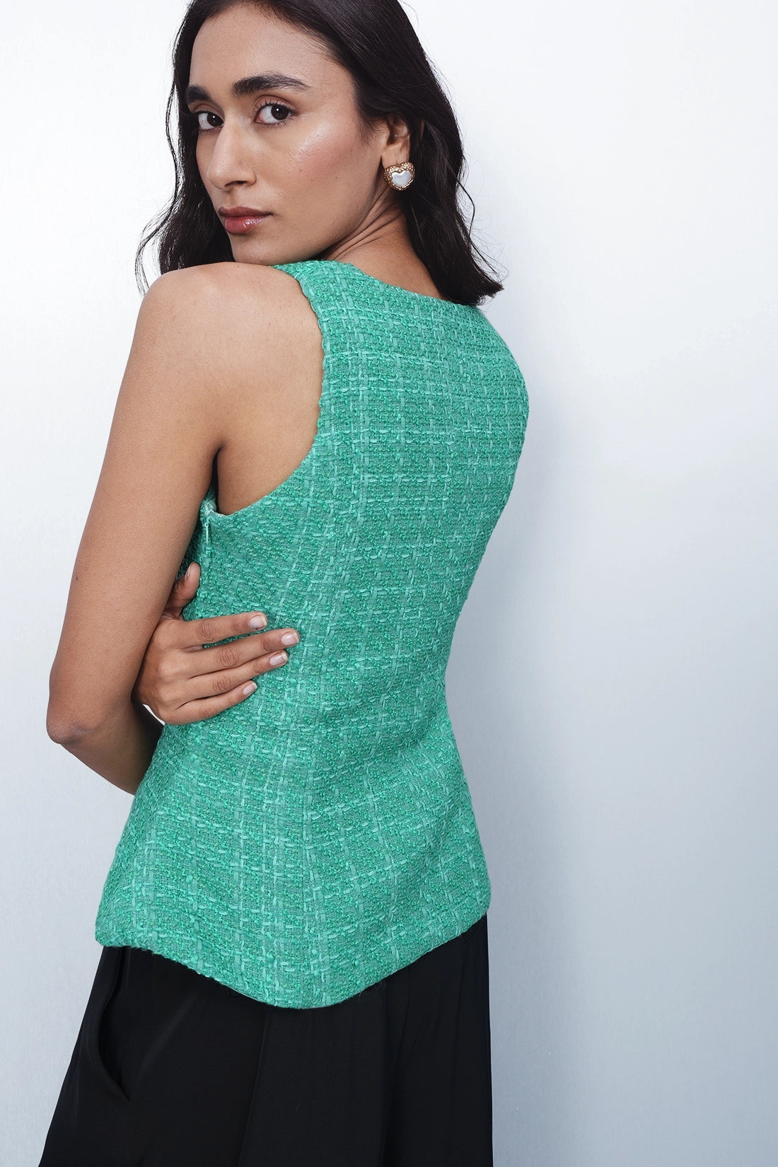 Tailored Peplum Tweed Top – Green