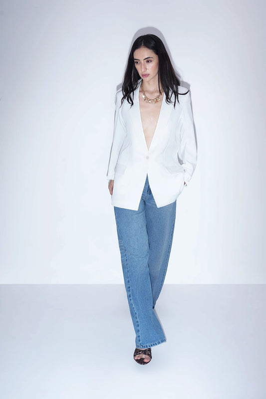 Tailored White Blazer with Cuff Detail
