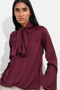Maroon Satin Tie Neck Top