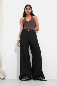 Black Wide-Leg Linen Trousers