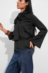 Black Satin Tie Neck Top