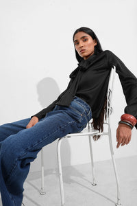 Black Satin Tie Neck Top