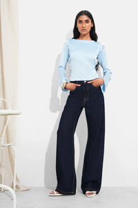 Blue Open Back Satin Tie Top