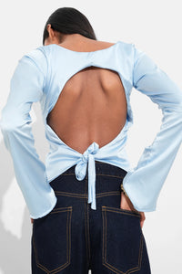 Blue Open Back Satin Tie Top