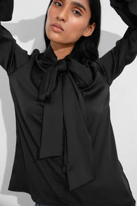 Black Satin Tie Neck Top