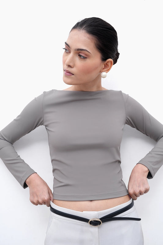 Warm Grey Long-Sleeve Polyamide Top