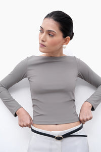Warm Grey Long-Sleeve Polyamide Top