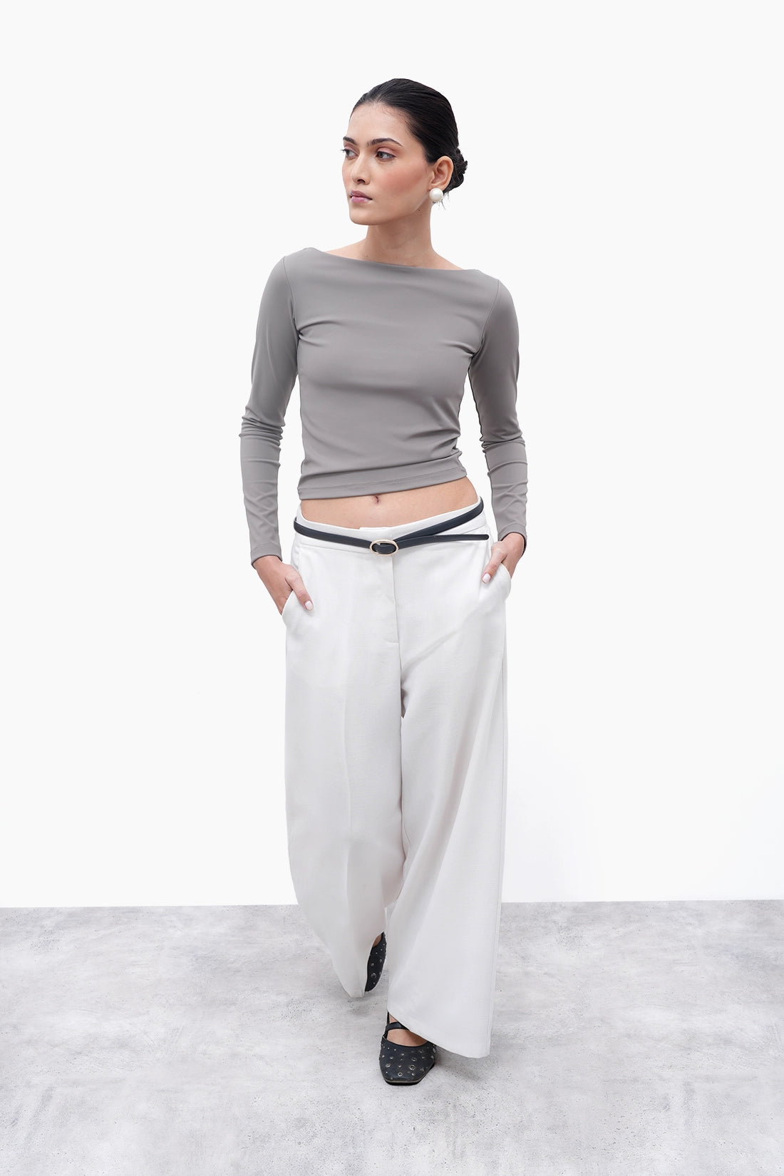 Warm Grey Long-Sleeve Polyamide Top