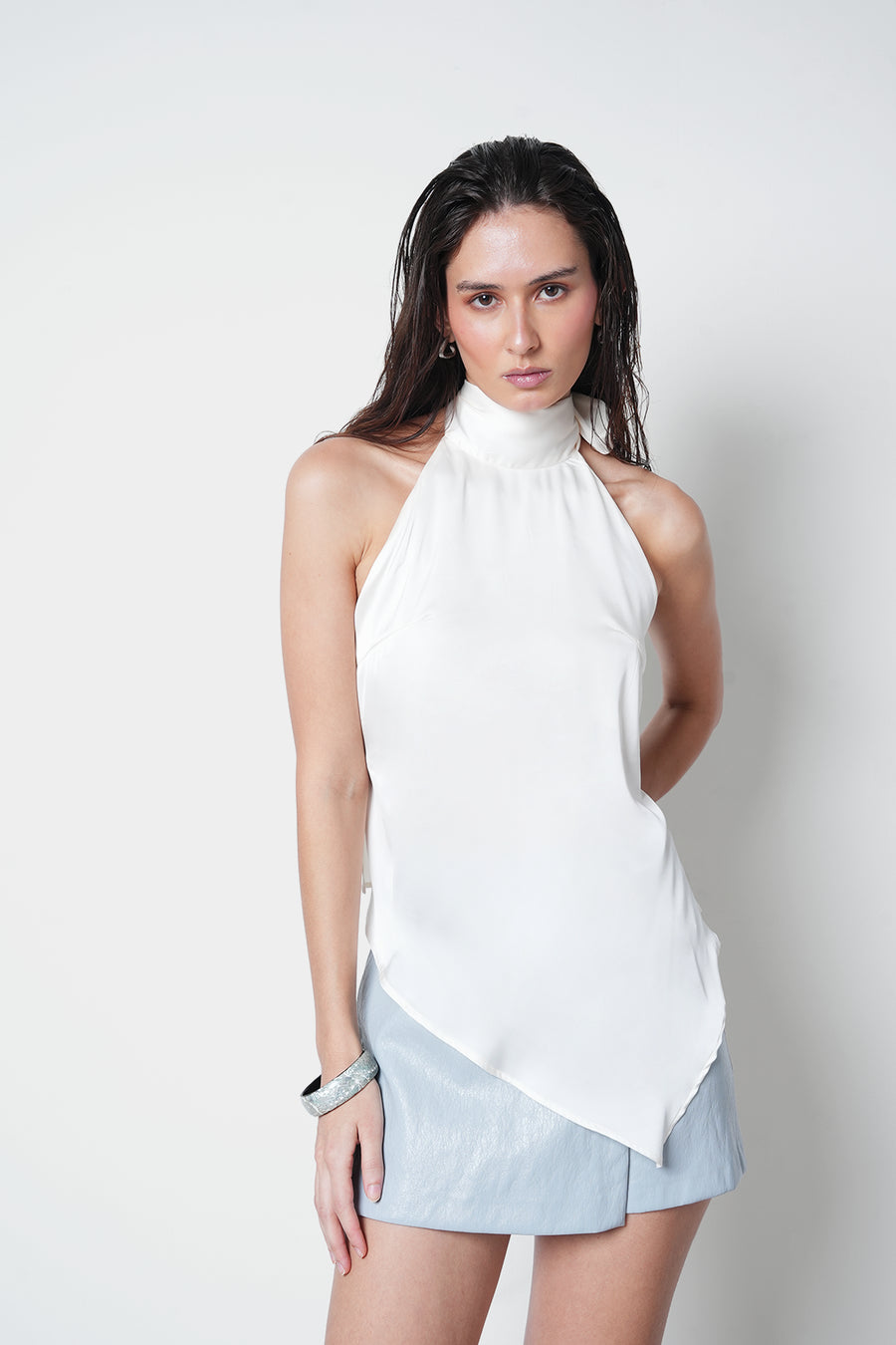 White Backless Satin Top