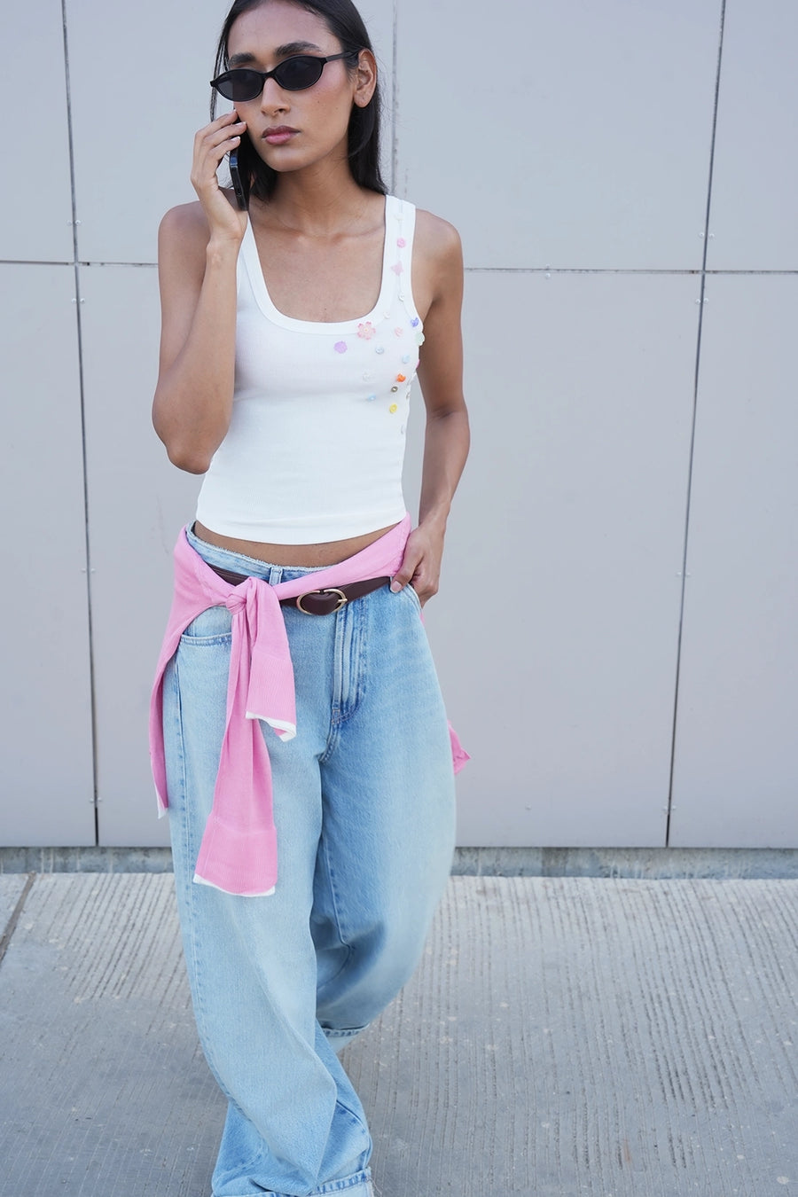 White Button Embroidered Ribbed Top