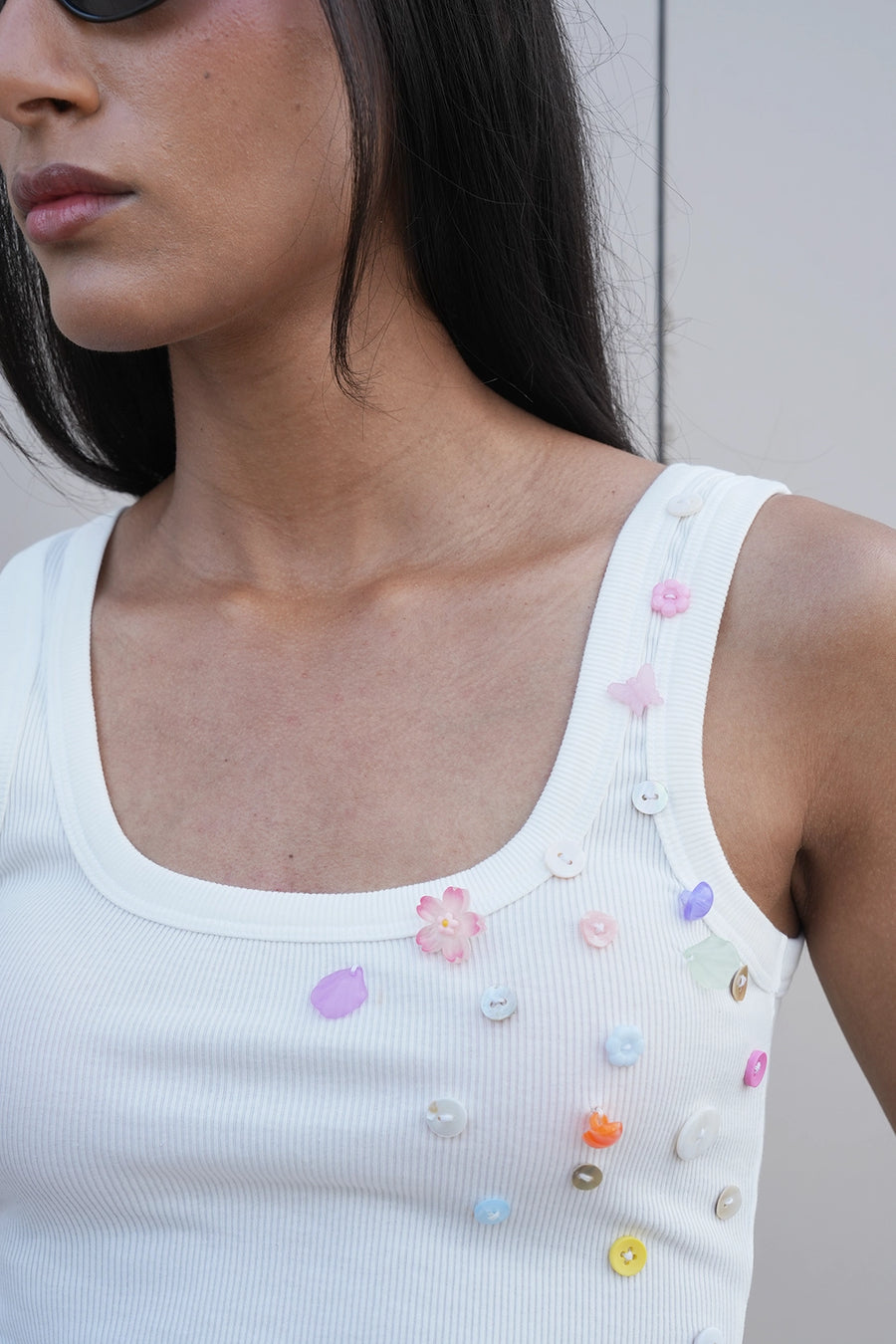 White Button Embroidered Ribbed Top