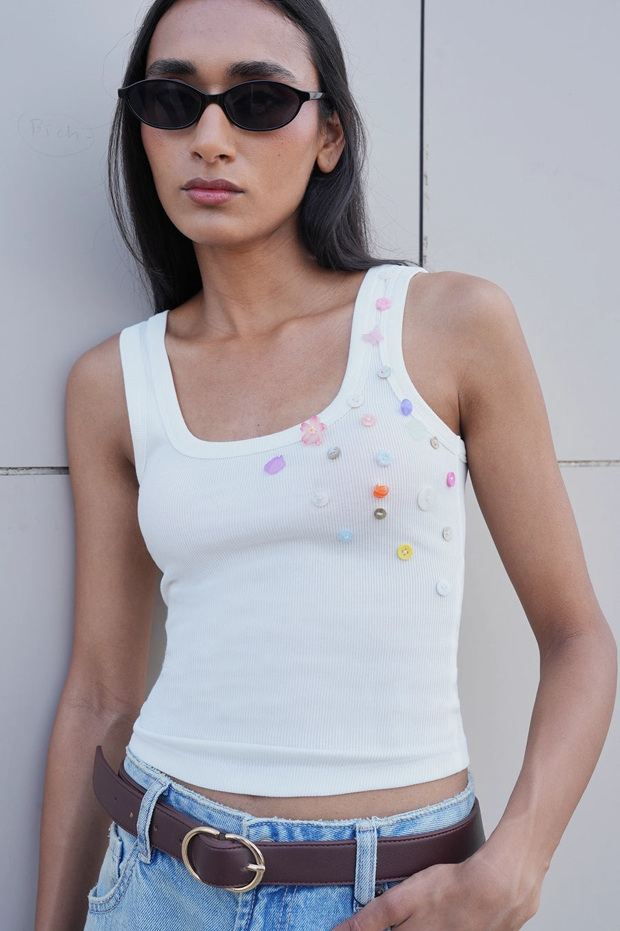 White Button Embroidered Ribbed Top