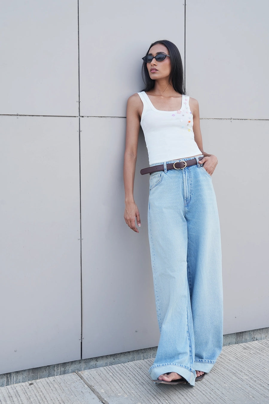 White Button Embroidered Ribbed Top
