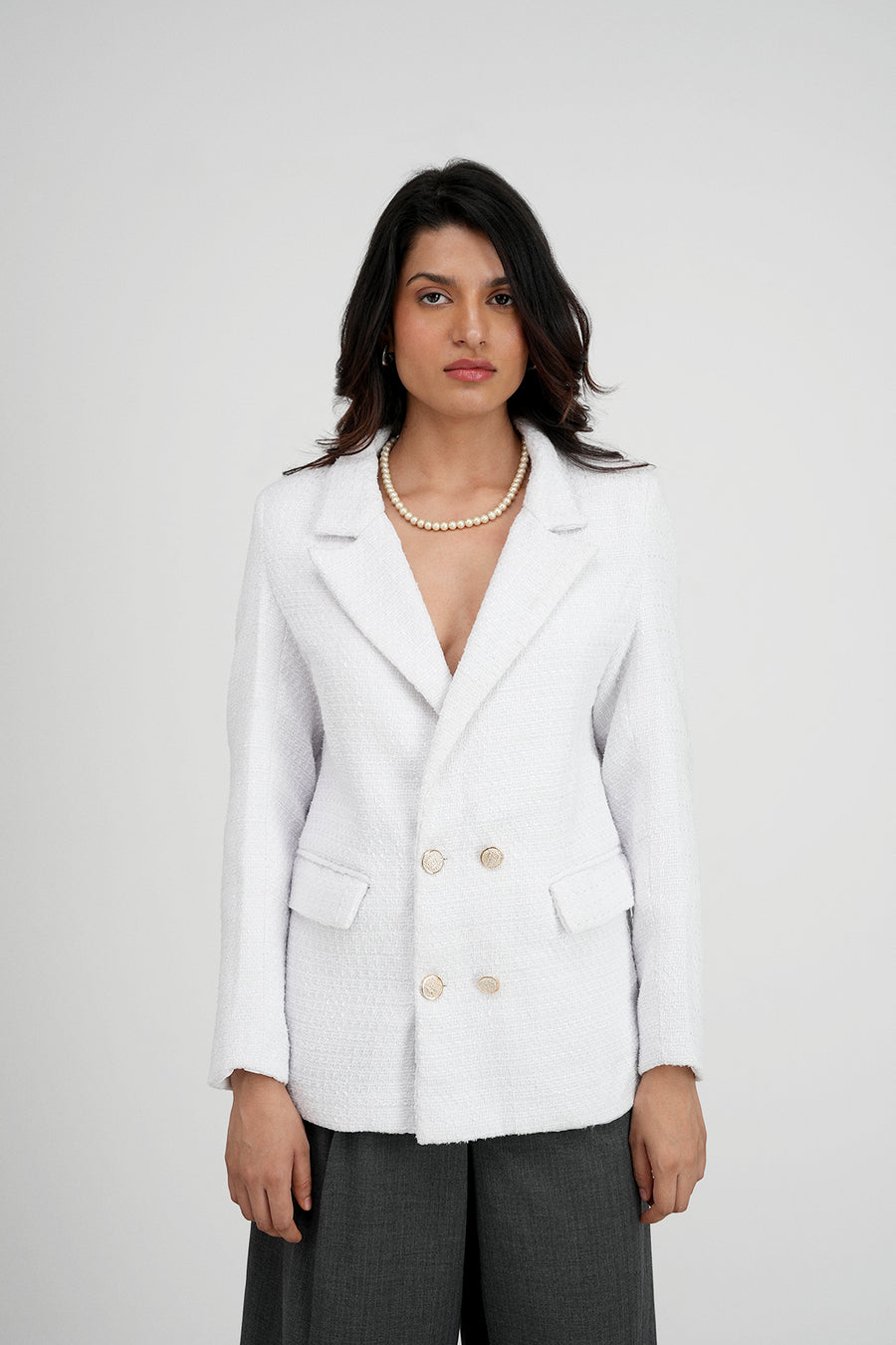 White Double Breasted Tweed Blazer