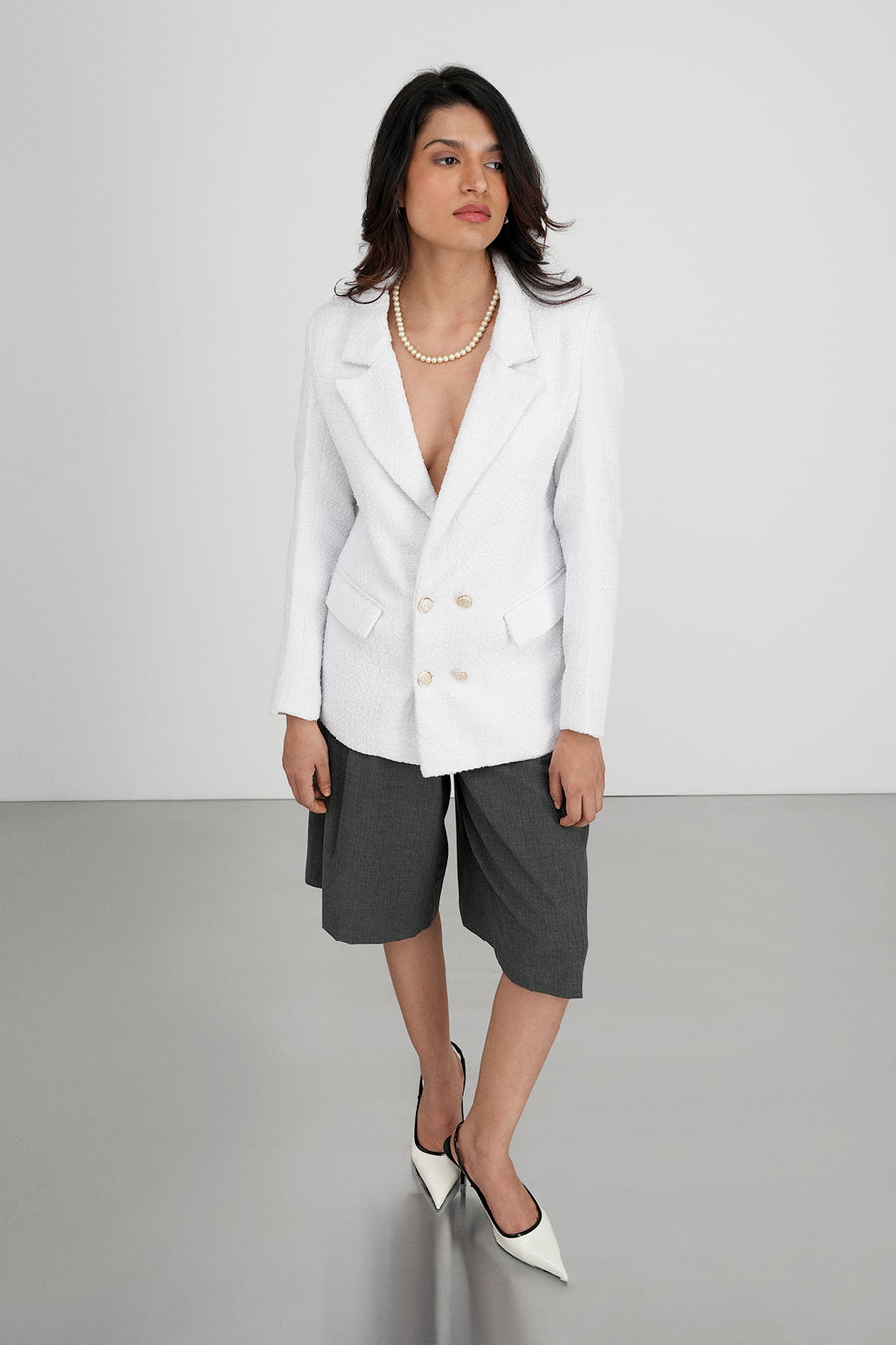 White Double Breasted Tweed Blazer