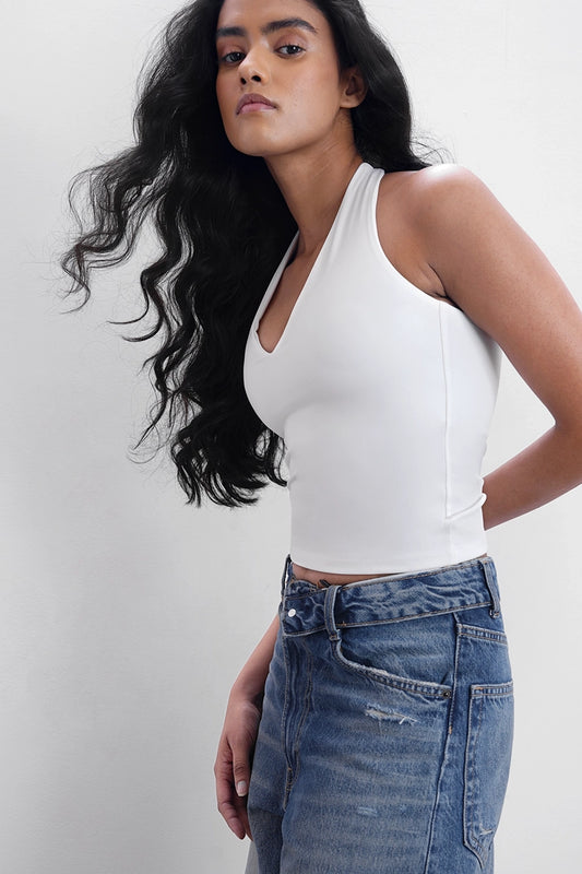 White Halter-Neck Polyamide Top