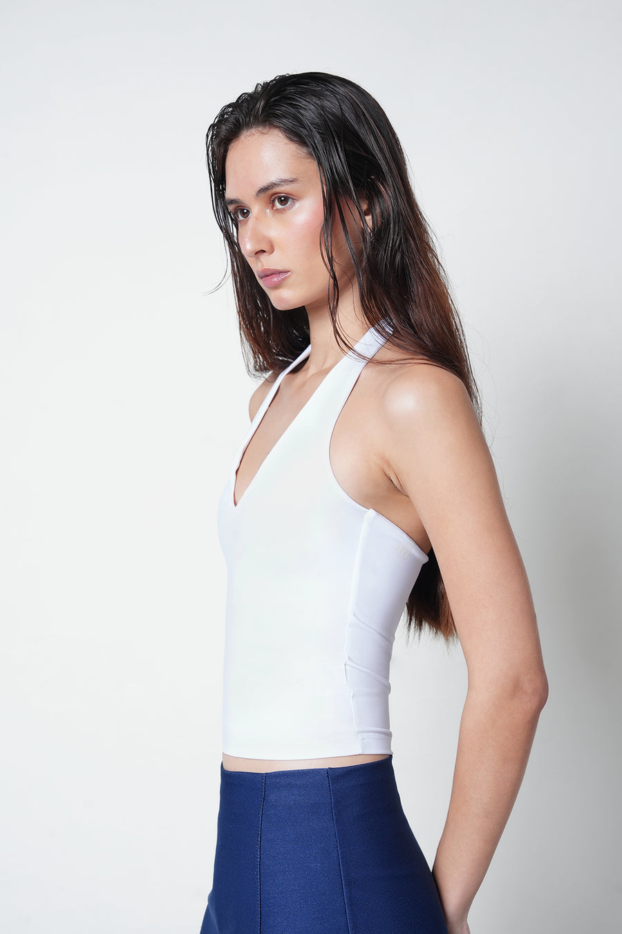 White Halter-Neck Polyamide Top