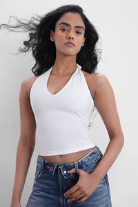 White Halter-Neck Polyamide Top