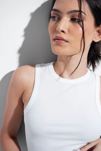 White Ribbed Round Neck Top