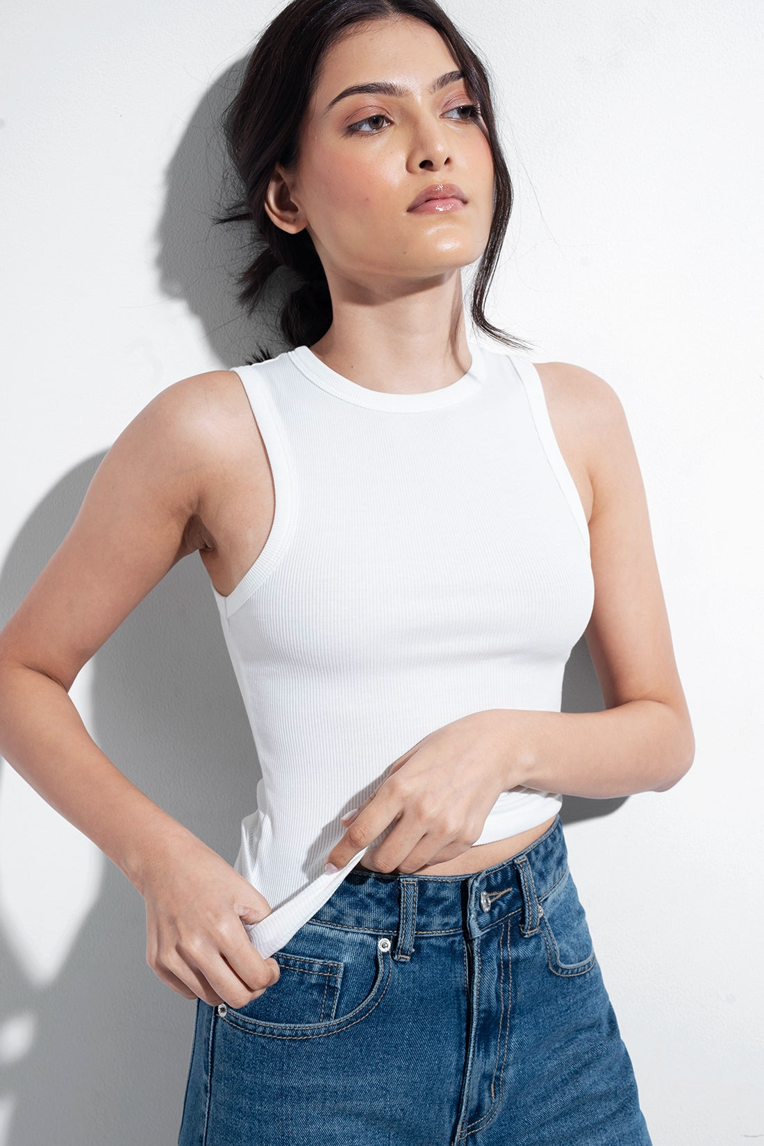 White Ribbed Round Neck Top