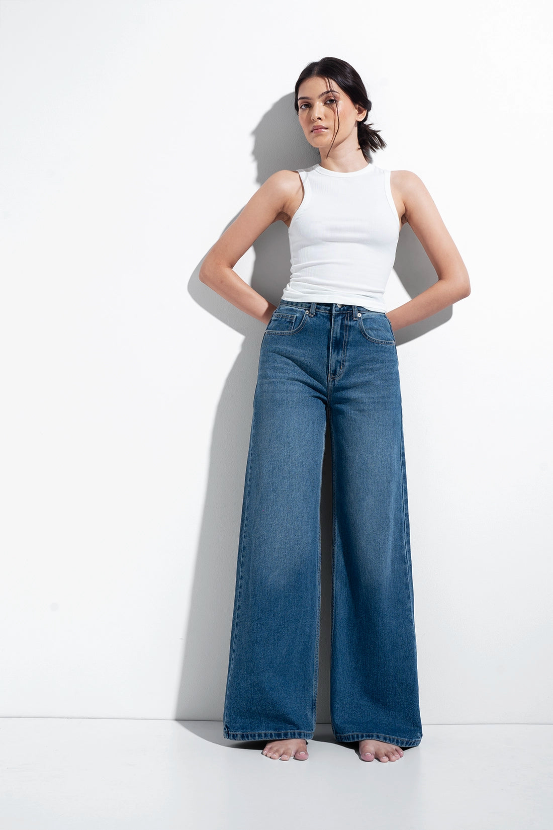 White Ribbed Round Neck Top