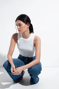 White Ribbed Round Neck Top