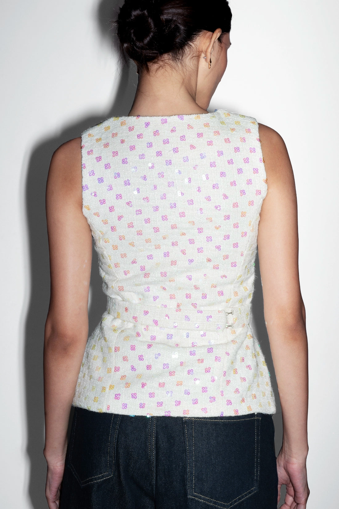 White Sequin Tweed Belted Vest