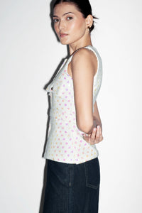 White Sequin Tweed Belted Vest