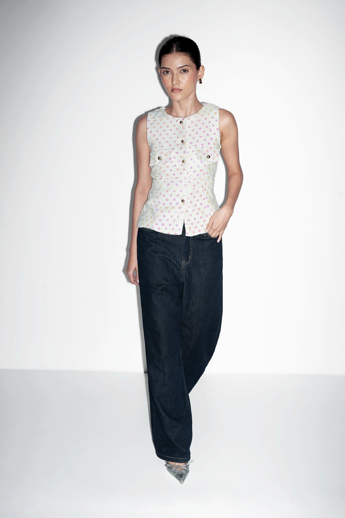 White Sequin Tweed Belted Vest