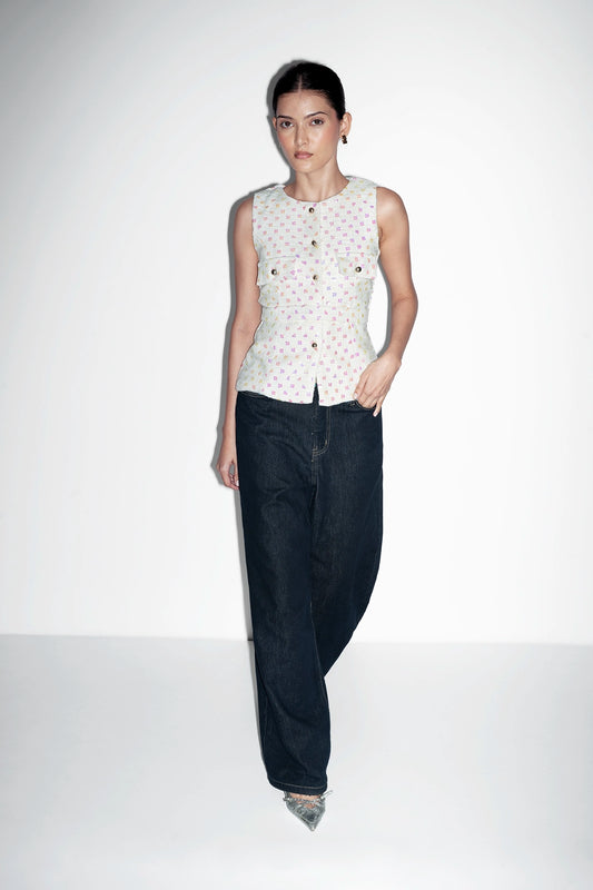 White Sequin Tweed Belted Vest