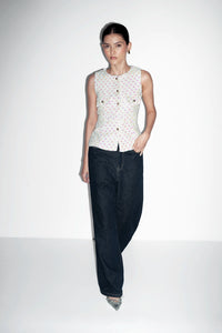 White Sequin Tweed Belted Vest