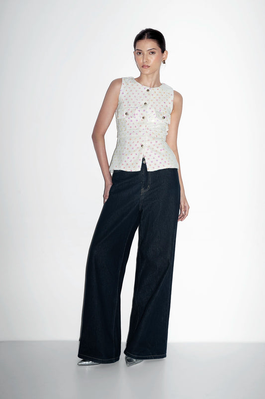 White Sequin Tweed Belted Vest