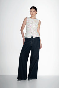 White Sequin Tweed Belted Vest