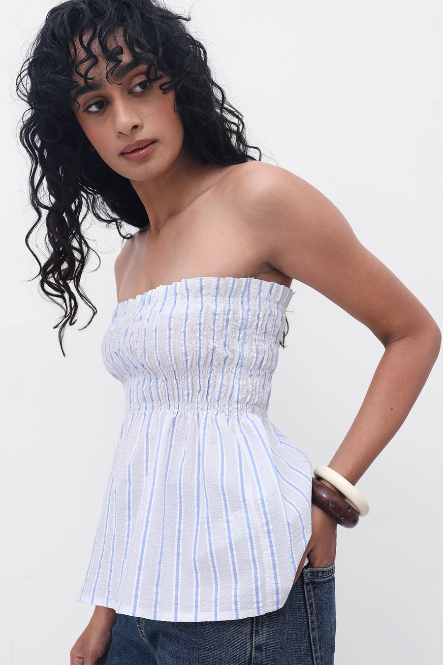 White Striped Smocked Top
