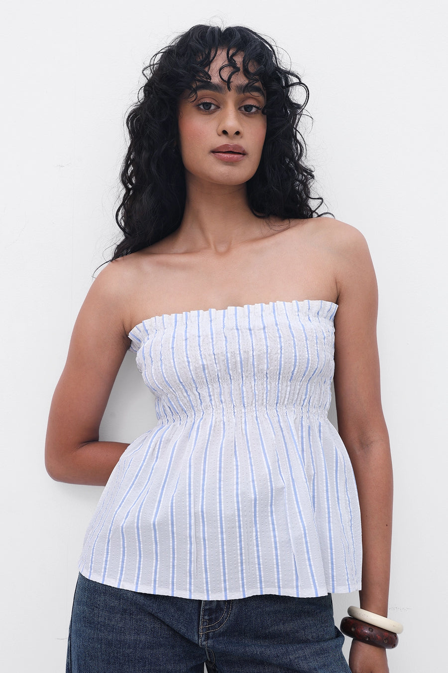 White Striped Smocked Top