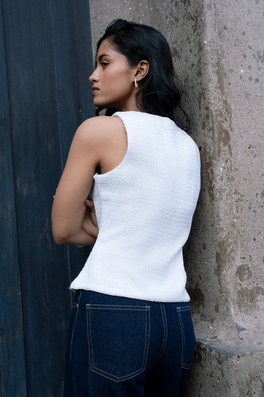 White Tailored Tweed Top