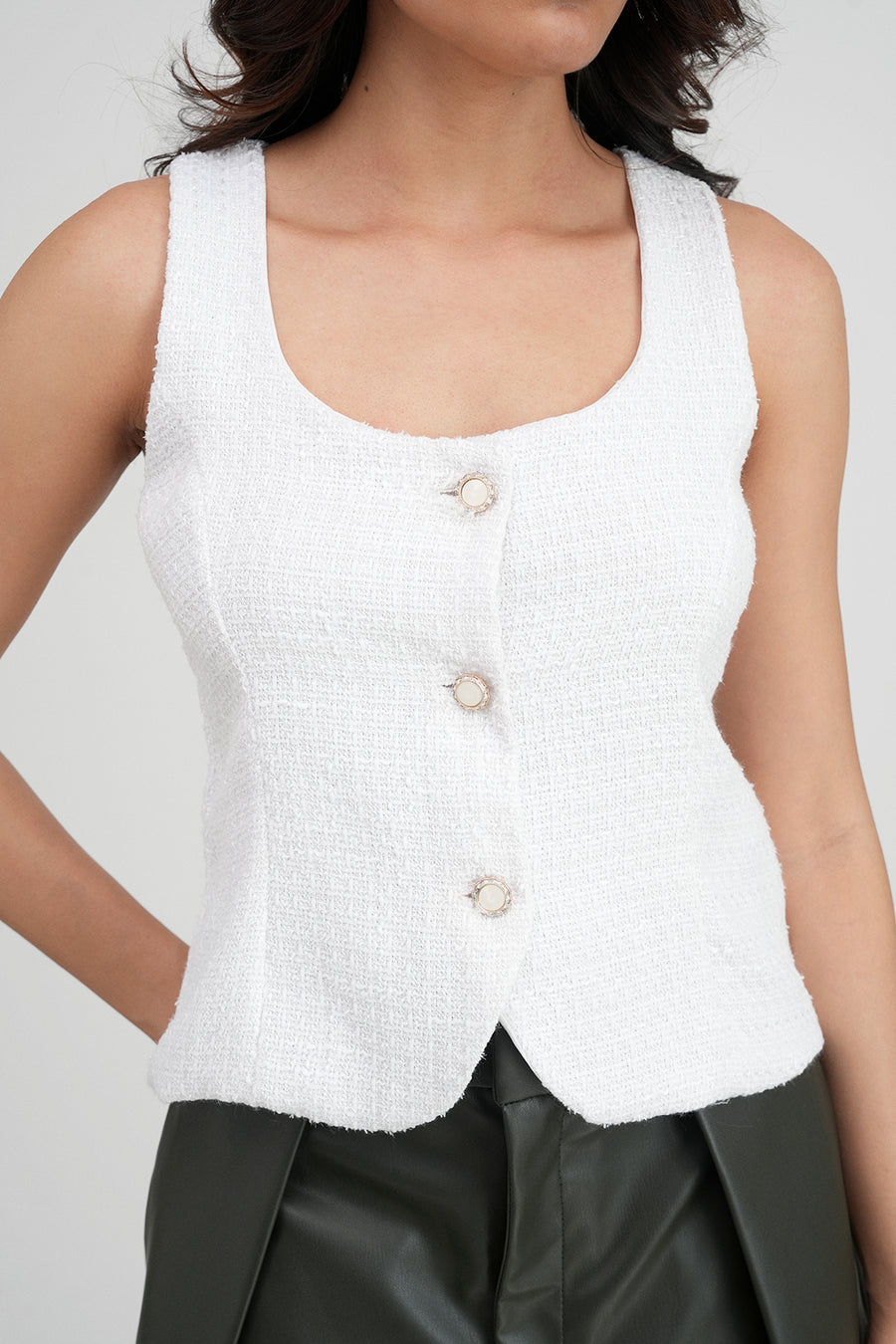 White Tailored Tweed Top