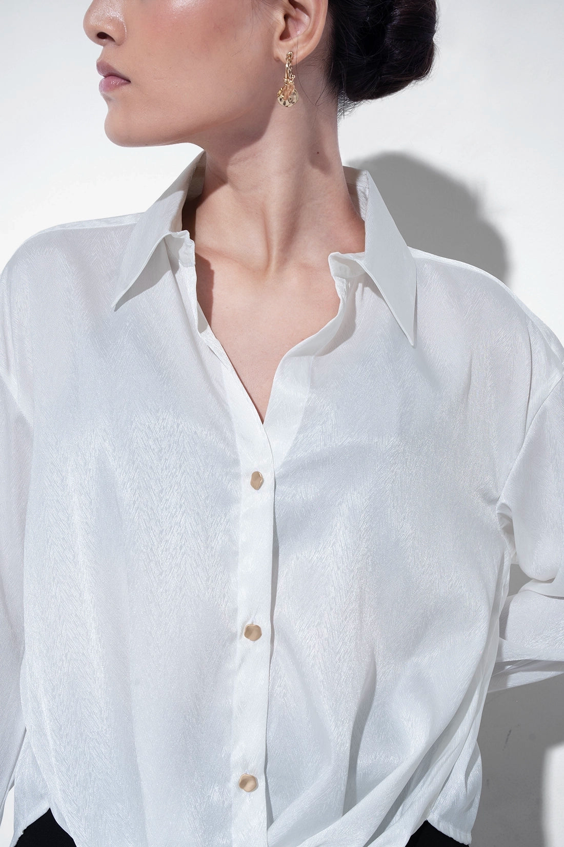 White Textured Satin Knot Shirt