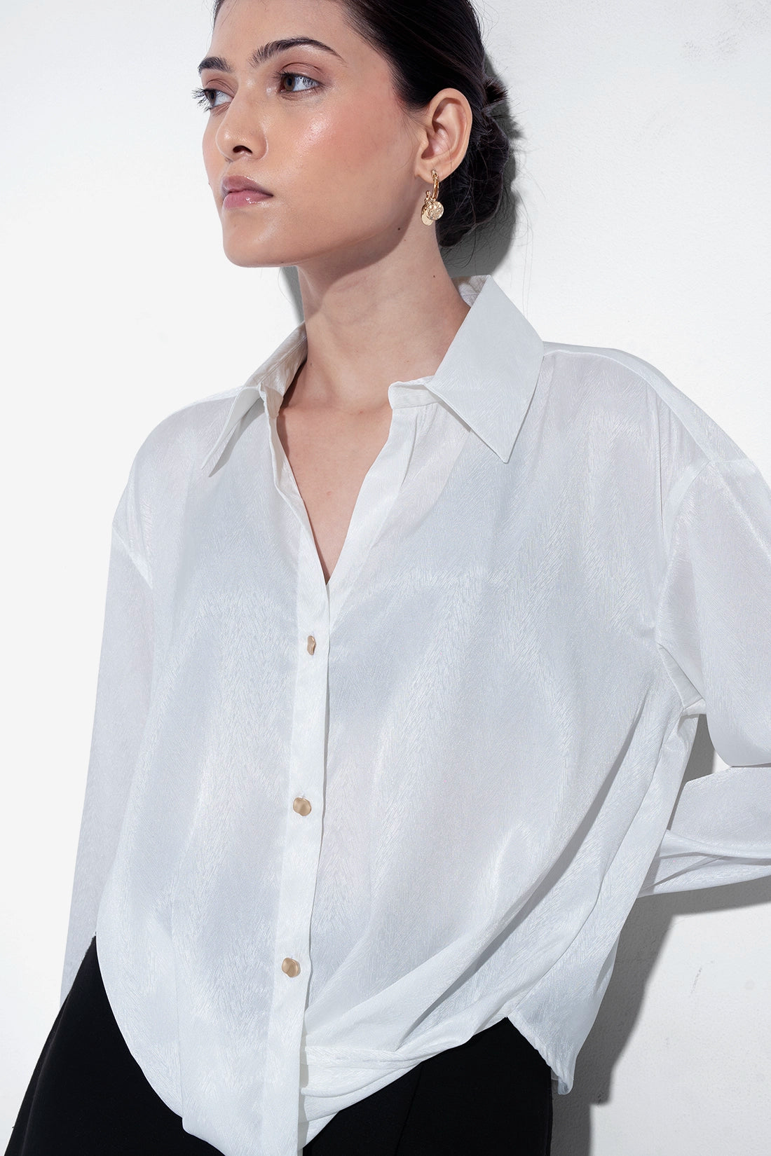 White Textured Satin Knot Shirt