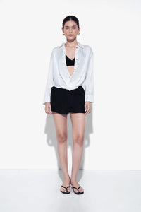 White Textured Satin Knot Shirt