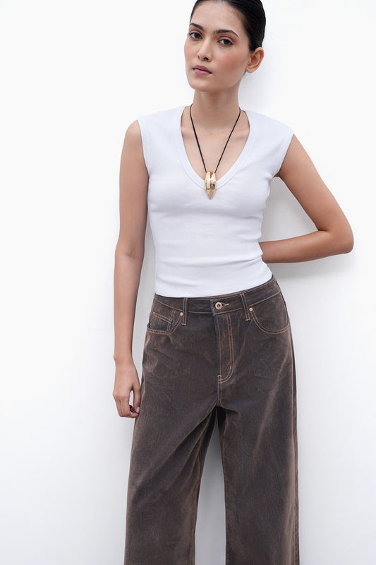 White V-Neck Ribbed Top